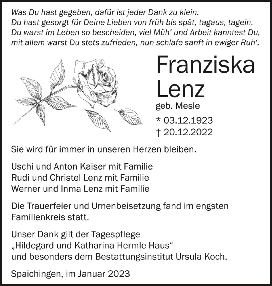  Traueranzeige für Franziska Lenz vom 07.01.2023 aus Schwäbische Zeitung