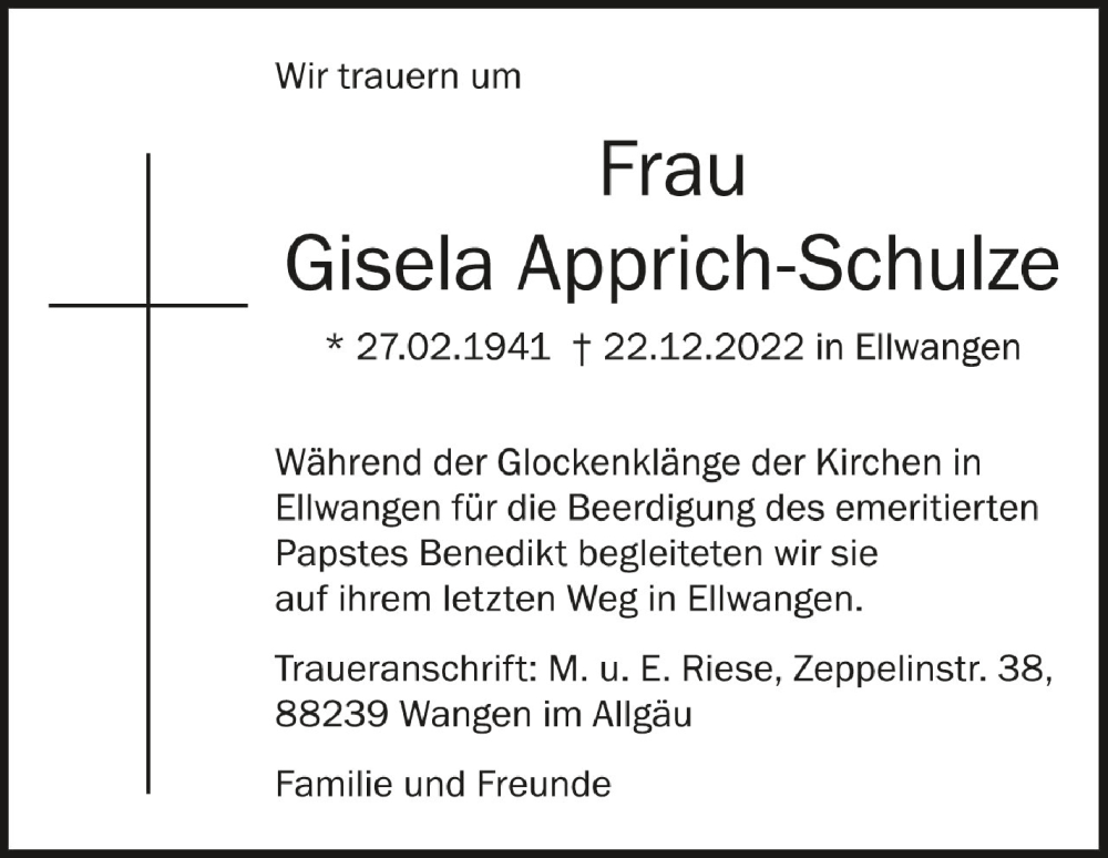  Traueranzeige für Gisela Apprich-Schulze vom 11.01.2023 aus Schwäbische Zeitung