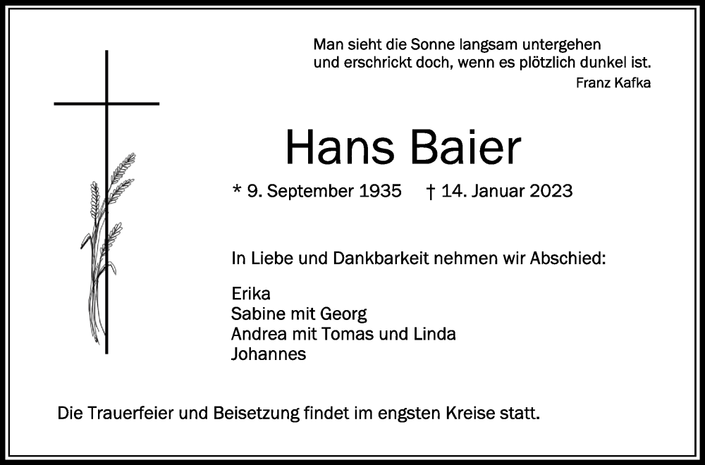  Traueranzeige für Hans Baier vom 21.01.2023 aus Schwäbische Zeitung