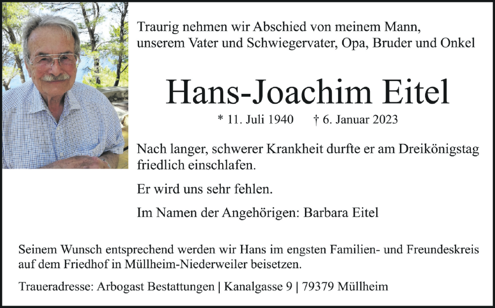  Traueranzeige für Hans-Joachim Eitel vom 14.01.2023 aus Schwäbische Zeitung