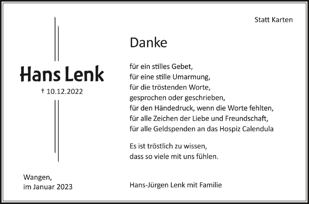  Traueranzeige für Hans Lenk vom 19.01.2023 aus Schwäbische Zeitung