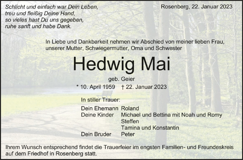  Traueranzeige für Hedwig Mai vom 24.01.2023 aus Schwäbische Zeitung