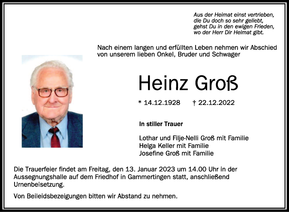  Traueranzeige für Heinz Groß vom 10.01.2023 aus Schwäbische Zeitung