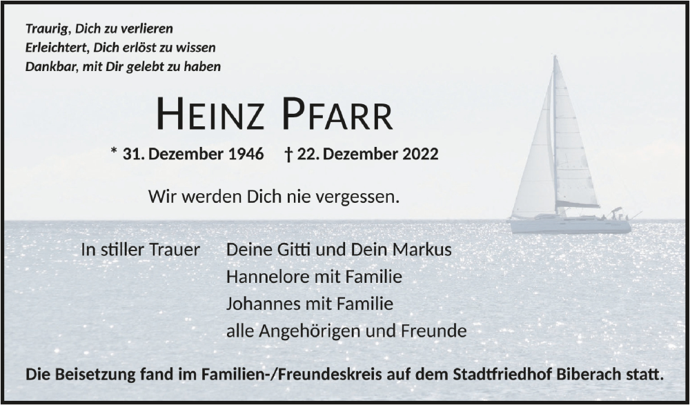  Traueranzeige für Heinz Pfarr vom 21.01.2023 aus Schwäbische Zeitung