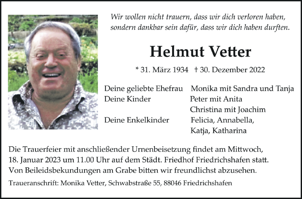  Traueranzeige für Helmut Vetter vom 07.01.2023 aus Schwäbische Zeitung