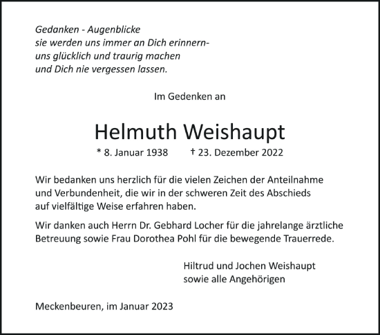 Anzeige von Helmuth Weishaupt von Schwäbische Zeitung