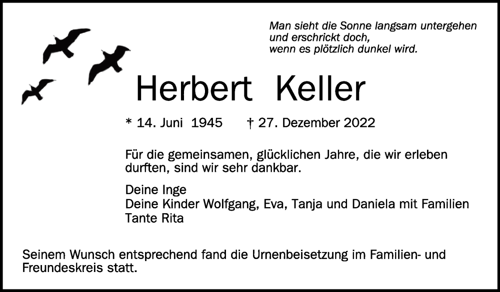  Traueranzeige für Herbert Keller vom 11.01.2023 aus Schwäbische Zeitung