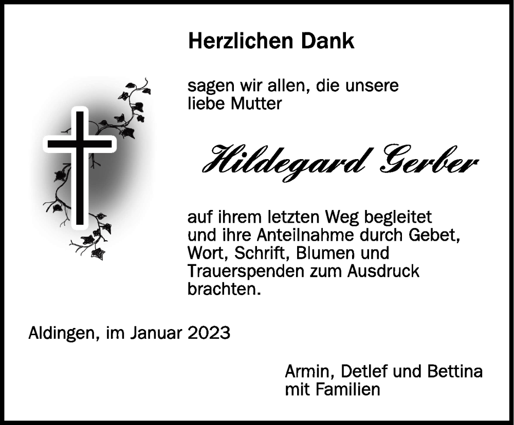  Traueranzeige für Hildegard Gerber vom 26.01.2023 aus Schwäbische Zeitung