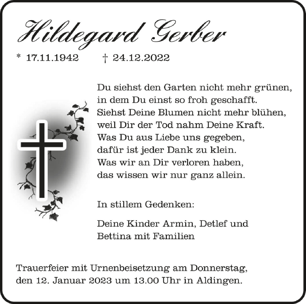  Traueranzeige für Hildegard Gerber vom 05.01.2023 aus Schwäbische Zeitung