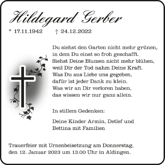 Anzeige von Hildegard Gerber von Schwäbische Zeitung