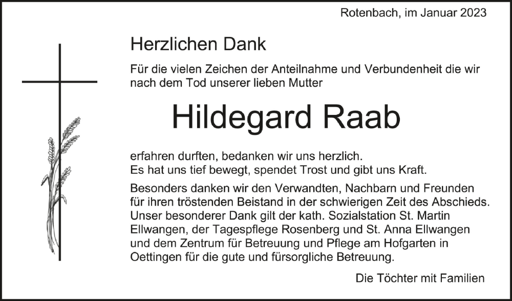  Traueranzeige für Hildegard Raab vom 14.01.2023 aus Schwäbische Zeitung