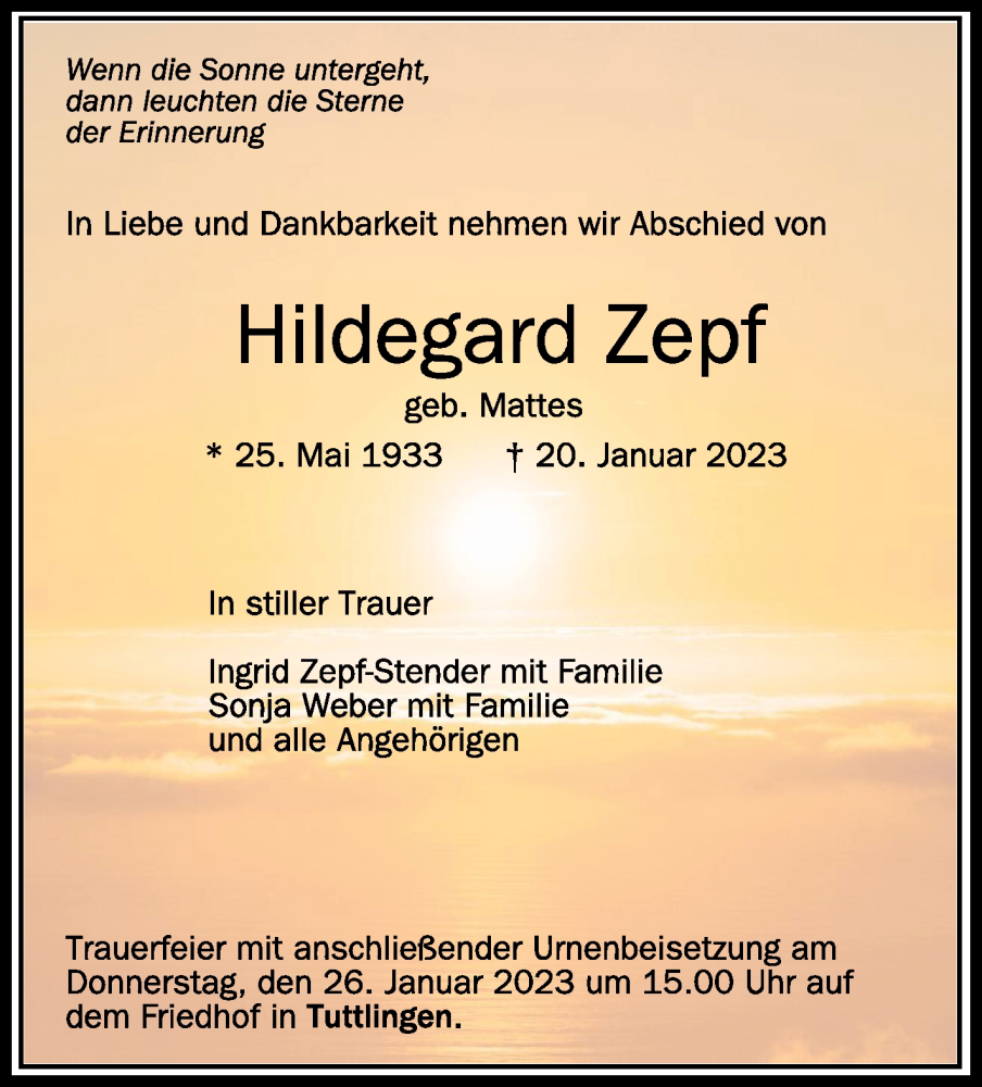 Traueranzeige für Hildegard Zepf vom 24.01.2023 aus Schwäbische Zeitung
