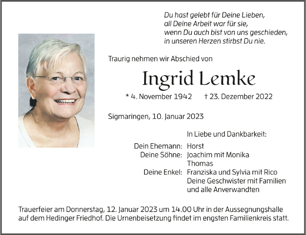  Traueranzeige für Ingrid Lemke vom 10.01.2023 aus Schwäbische Zeitung