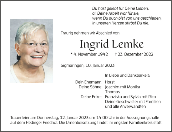 Anzeige von Ingrid Lemke von Schwäbische Zeitung