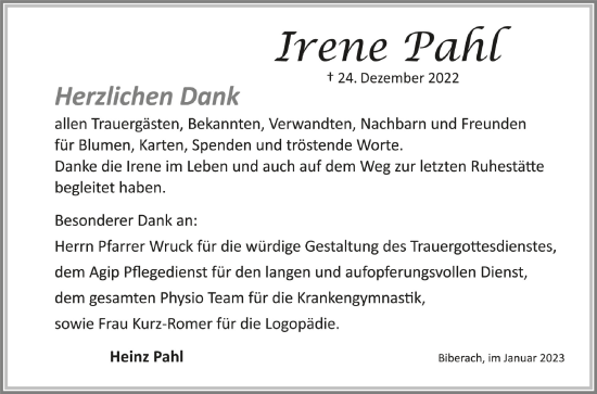 Anzeige von Irene Pahl von Schwäbische Zeitung