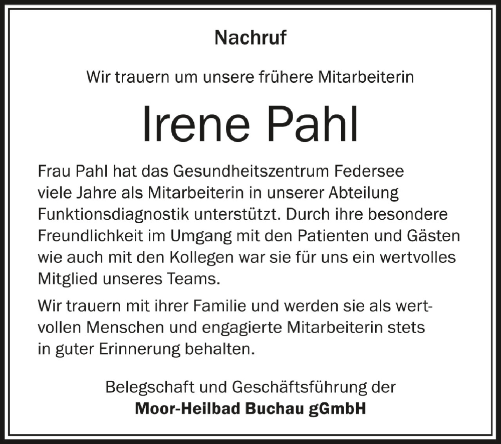  Traueranzeige für Irene Pahl vom 28.01.2023 aus Schwäbische Zeitung