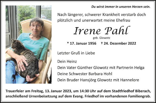 Anzeige von Irene Pahl von Schwäbische Zeitung