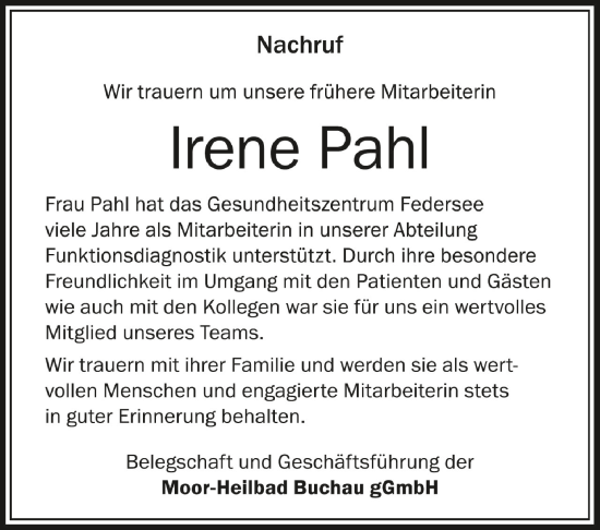 Anzeige von Irene Pahl von Schwäbische Zeitung