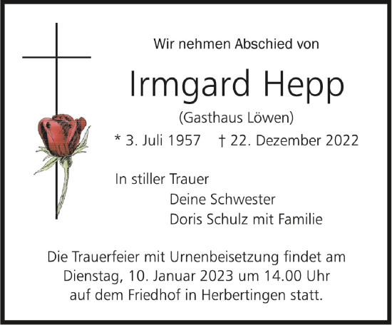 Anzeige von Irmgard Hepp von Schwäbische Zeitung