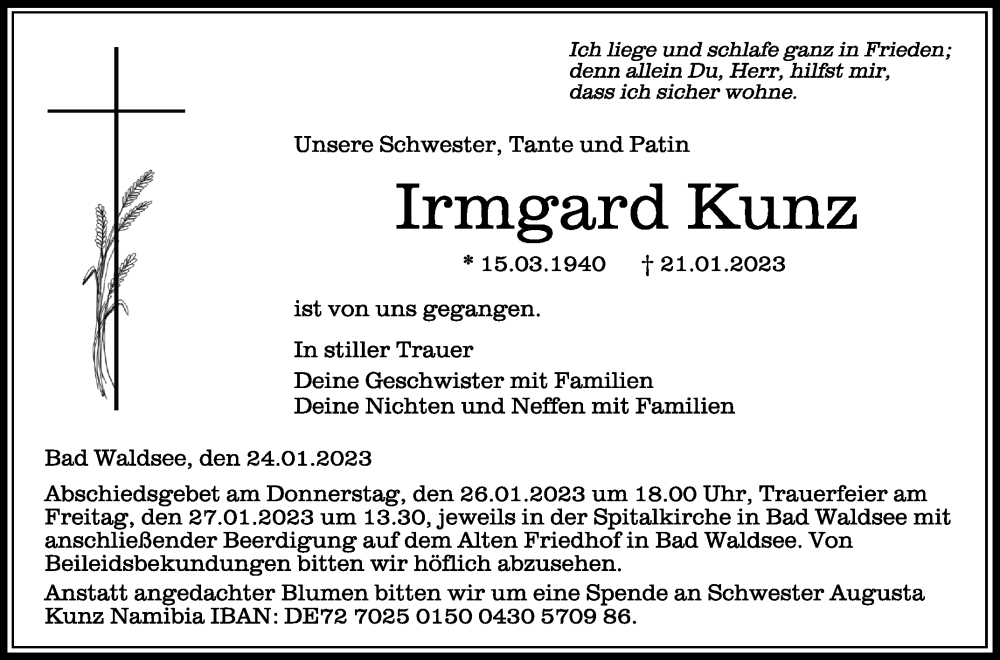  Traueranzeige für Irmgard Kunz vom 24.01.2023 aus Schwäbische Zeitung