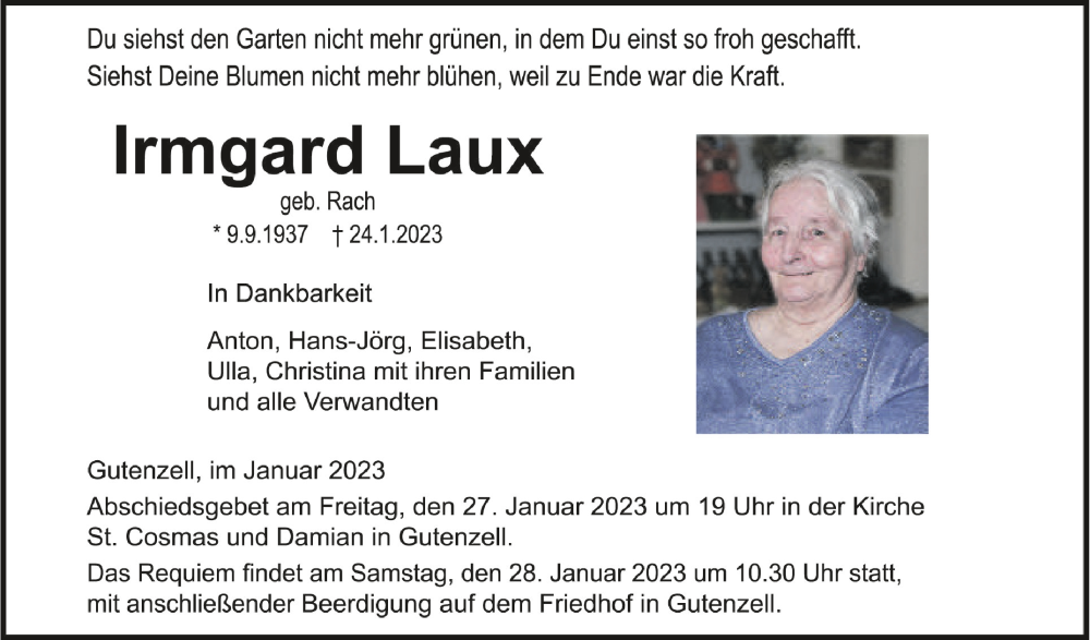  Traueranzeige für Irmgard Laux vom 27.01.2023 aus Schwäbische Zeitung