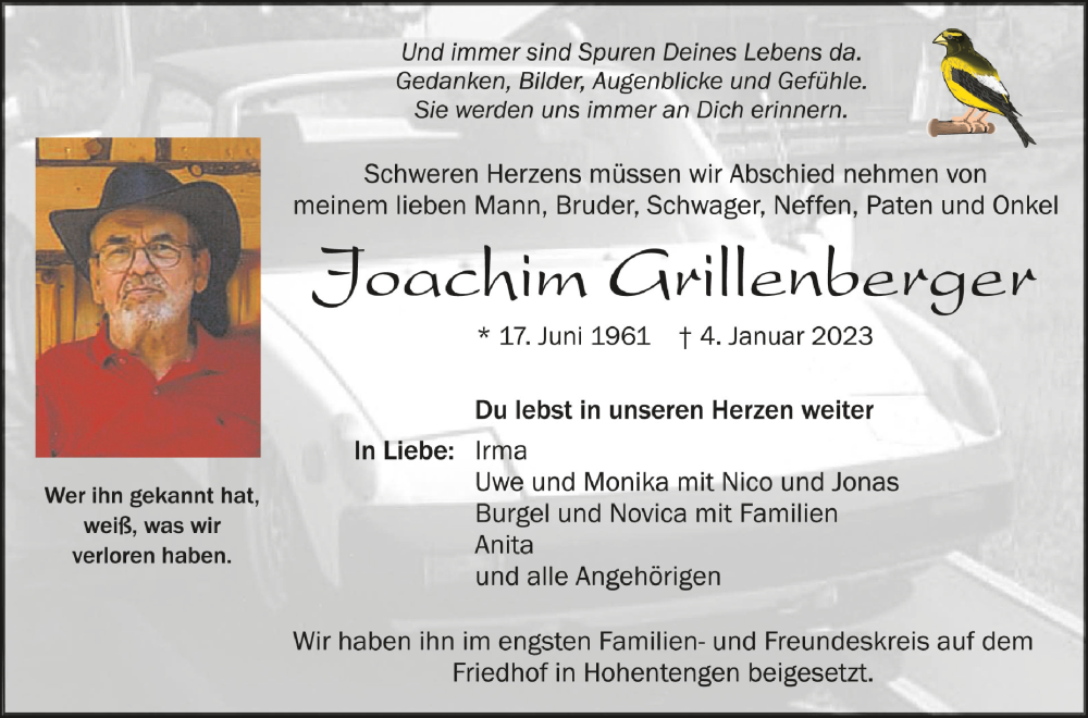  Traueranzeige für Joachim Grillenberger vom 24.01.2023 aus Schwäbische Zeitung