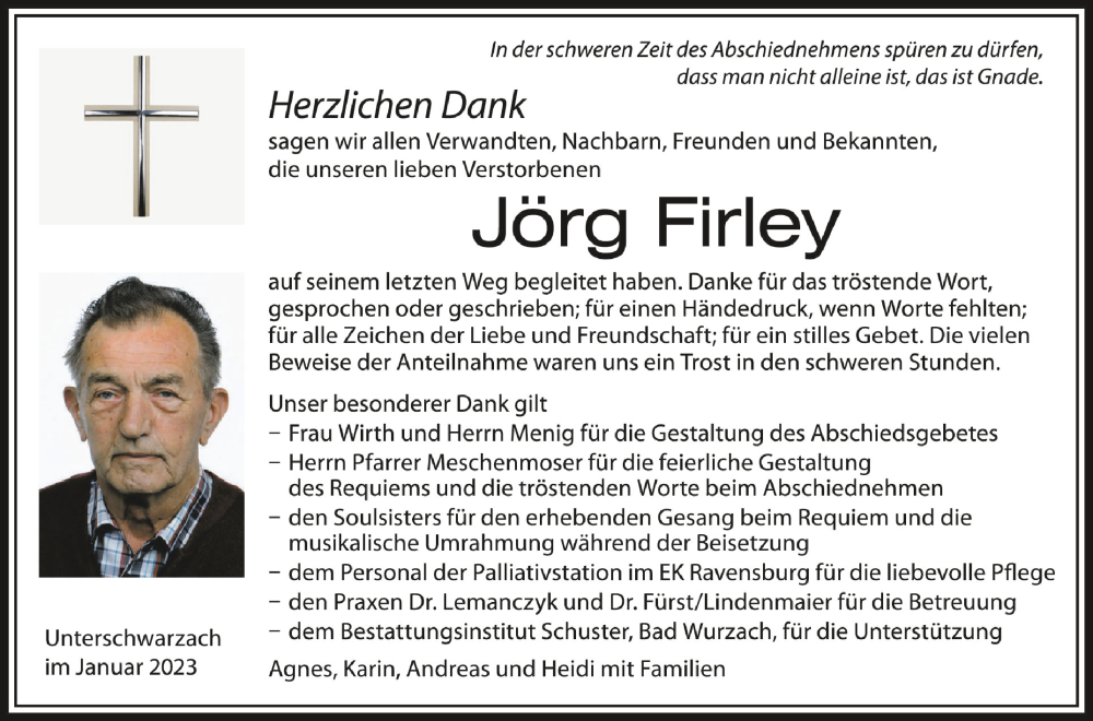  Traueranzeige für Jörg Firley vom 21.01.2023 aus Schwäbische Zeitung