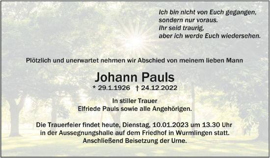 Anzeige von Johann Pauls von Schwäbische Zeitung