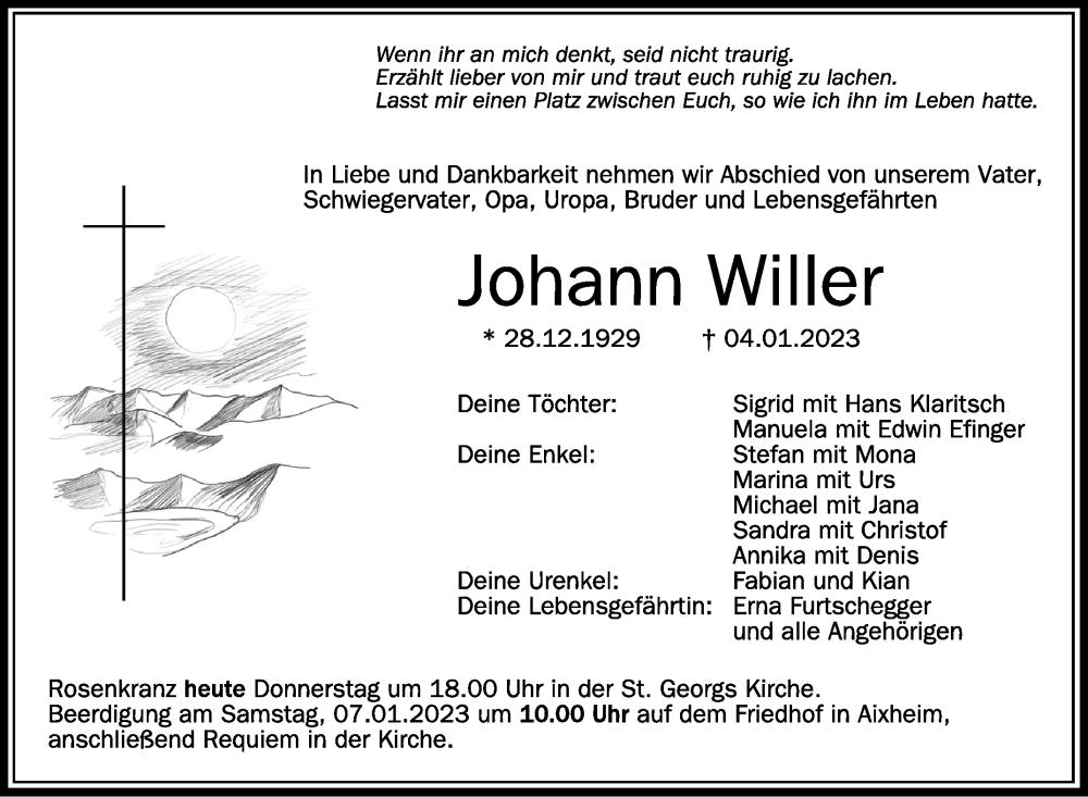  Traueranzeige für Johann Willer vom 05.01.2023 aus Schwäbische Zeitung