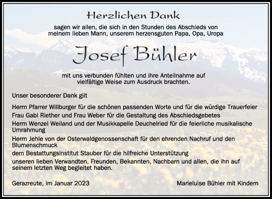 Anzeige von Josef Bühler von Schwäbische Zeitung