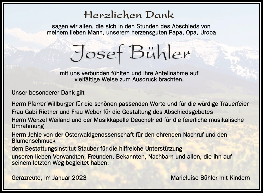  Traueranzeige für Josef Bühler vom 07.01.2023 aus Schwäbische Zeitung