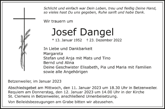 Anzeige von Josef Dangel von Schwäbische Zeitung