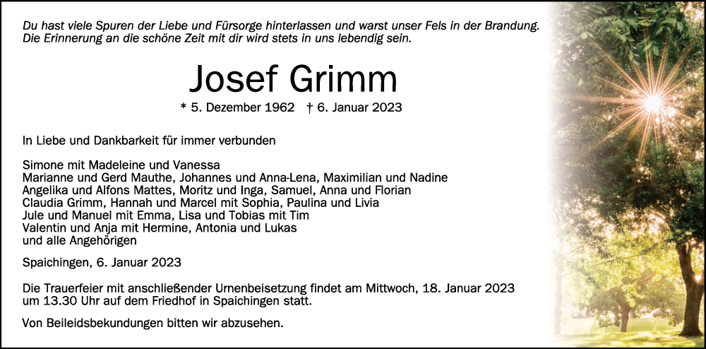  Traueranzeige für Josef Grimm vom 14.01.2023 aus Schwäbische Zeitung