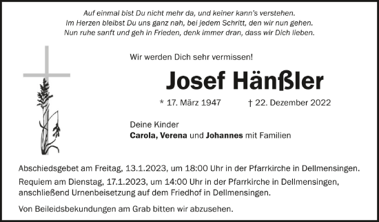 Anzeige von Josef Hänßler von Schwäbische Zeitung