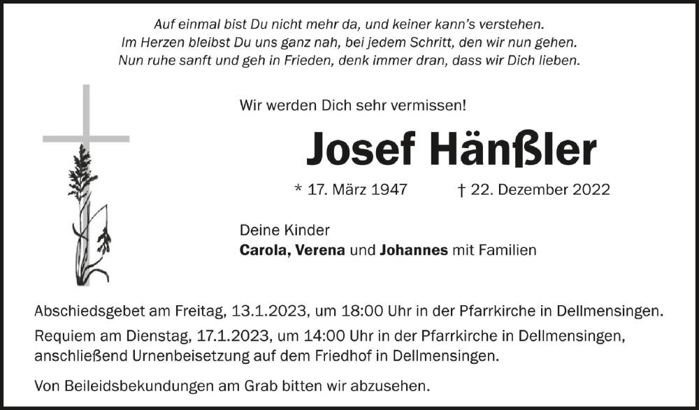  Traueranzeige für Josef Hänßler vom 12.01.2023 aus Schwäbische Zeitung