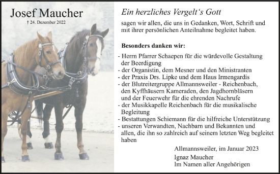 Anzeige von Josef Maucher von Schwäbische Zeitung