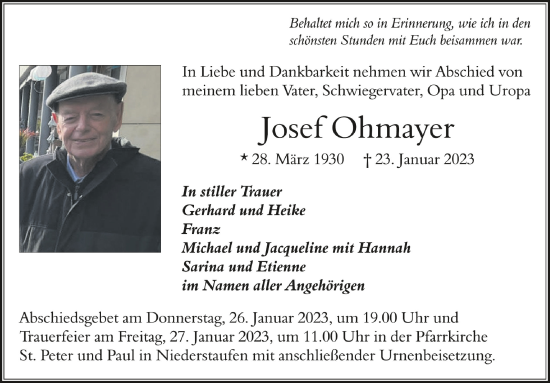 Anzeige von Josef Ohmayer von Schwäbische Zeitung