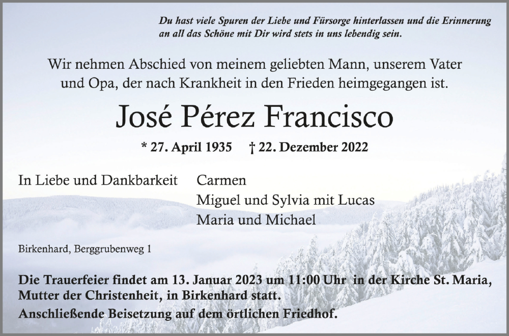  Traueranzeige für Jose Perez Francisco vom 07.01.2023 aus Schwäbische Zeitung