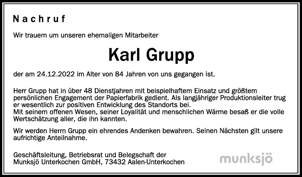  Traueranzeige für Karl Grupp vom 17.01.2023 aus Schwäbische Zeitung