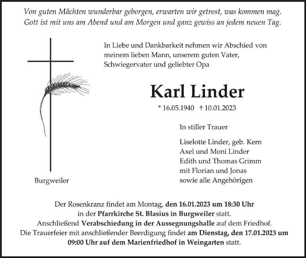  Traueranzeige für Karl Linder vom 13.01.2023 aus Schwäbische Zeitung