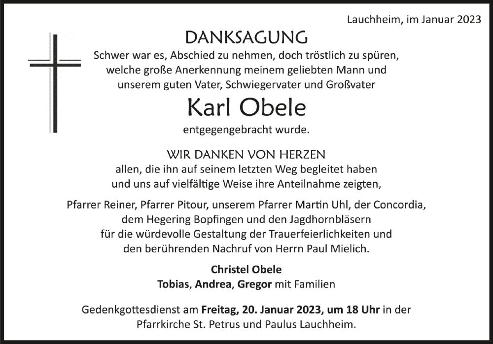  Traueranzeige für Karl Obele vom 18.01.2023 aus Schwäbische Zeitung