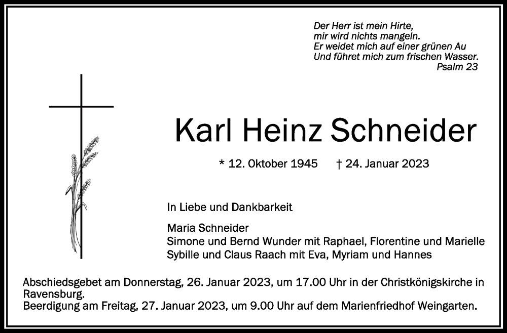  Traueranzeige für Karl Heinz Schneider vom 26.01.2023 aus Schwäbische Zeitung