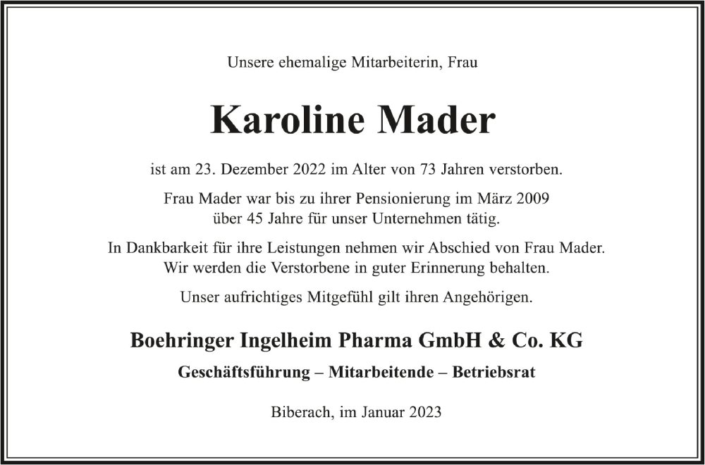  Traueranzeige für Karoline Mader vom 11.01.2023 aus Schwäbische Zeitung