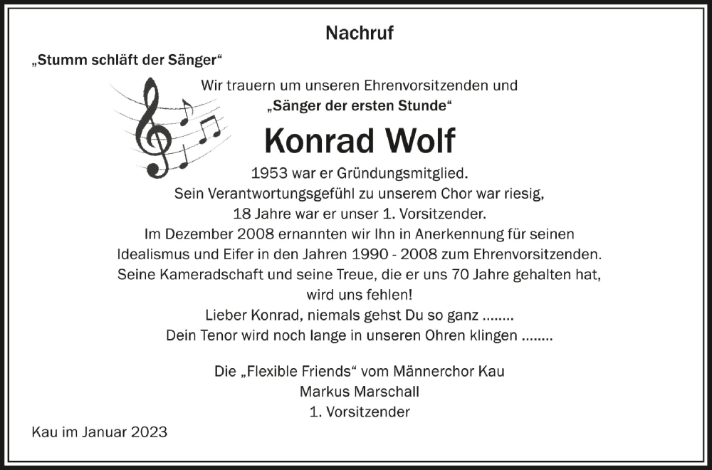  Traueranzeige für Konrad Wolf vom 25.01.2023 aus Schwäbische Zeitung