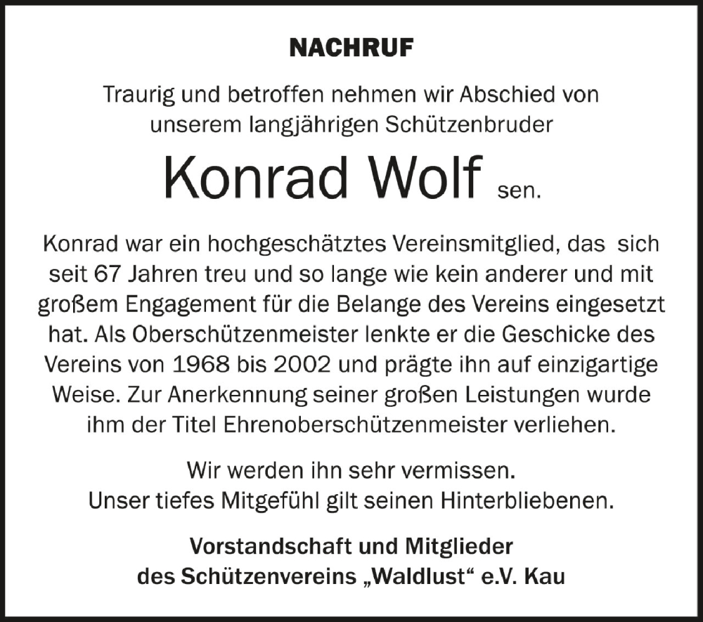  Traueranzeige für Konrad Wolf vom 24.01.2023 aus Schwäbische Zeitung