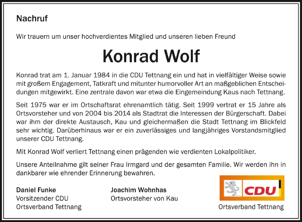  Traueranzeige für Konrad Wolf vom 24.01.2023 aus Schwäbische Zeitung