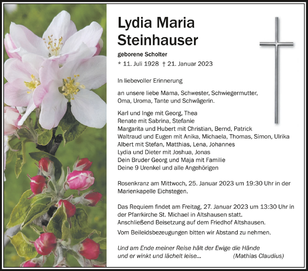  Traueranzeige für Lydia Maria Steinhauser vom 24.01.2023 aus Schwäbische Zeitung