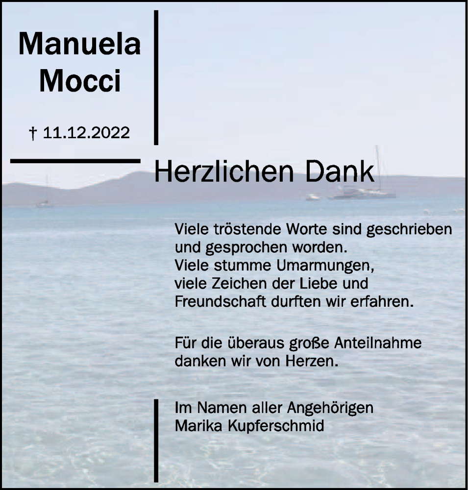  Traueranzeige für Manuela Mocci vom 14.01.2023 aus Schwäbische Zeitung