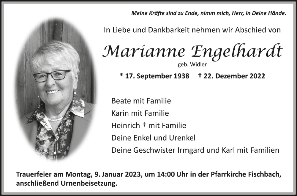  Traueranzeige für Marianne Engelhardt vom 07.01.2023 aus Schwäbische Zeitung