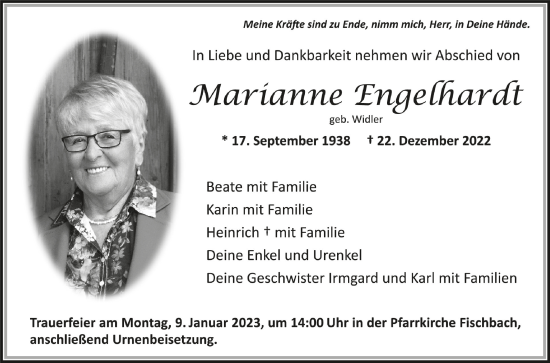 Anzeige von Marianne Engelhardt von Schwäbische Zeitung